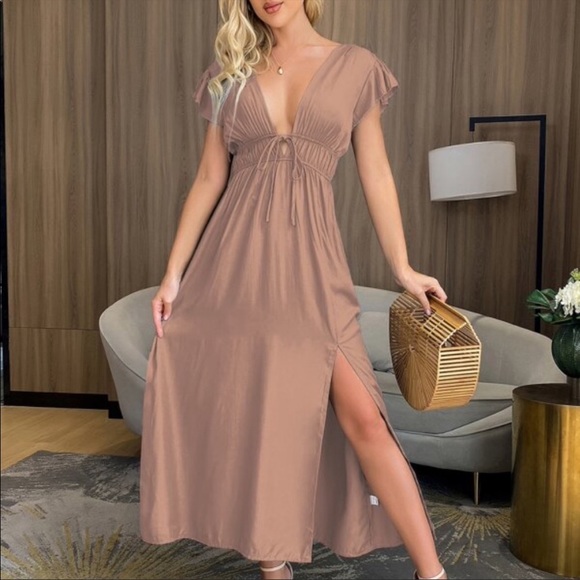 Boho v  neck plunging neckline midi dress burgundy - Picture 9 of 13